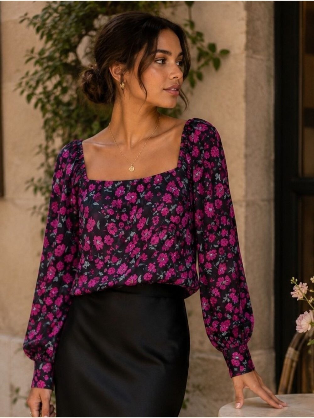 LEITH FLORAL SQUARE NECK LONG SLEEVE CROPPED BLOUSE SIZE SMALL